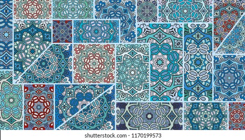 Vector patchwork quilt pattern. Vintage decorative collage. Hand drawn background. Indian, Arabic, Turkish motifs for printing on fabric or paper. Abstract colorful doodle pattern in mosaic style