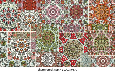 Vector patchwork quilt pattern. Vintage decorative collage. Hand drawn background. Indian, Arabic, Turkish motifs for printing on fabric or paper. Abstract colorful doodle pattern in mosaic style
