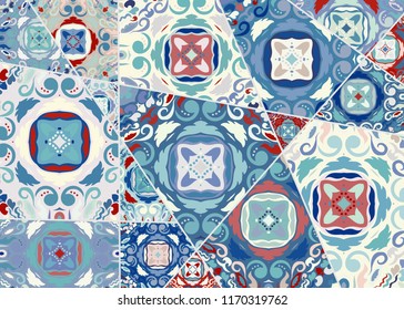 Vector patchwork quilt pattern. Vintage decorative collage. Hand drawn background. Indian, Arabic, Turkish motifs for printing on fabric or paper. Abstract colorful doodle pattern in mosaic style