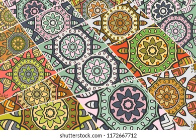 Vector patchwork quilt pattern. Vintage decorative collage. Hand drawn background. Indian, Arabic, Turkish motifs for printing on fabric or paper. Abstract colorful doodle pattern in mosaic style