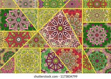 Vector patchwork quilt pattern. Vintage decorative collage. Hand drawn background. Indian, Arabic, Turkish motifs for printing on fabric or paper. Abstract colorful doodle pattern in mosaic style