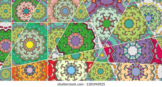 Vector patchwork quilt pattern. Vintage decorative collage. Hand drawn background. Indian, Arabic, Turkish motifs for printing on fabric or paper. Abstract colorful doodle pattern in mosaic style