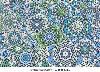Vector patchwork quilt pattern. Vintage decorative collage. Hand drawn background. Indian, Arabic, Turkish motifs for printing on fabric or paper. Abstract colorful doodle pattern in mosaic style