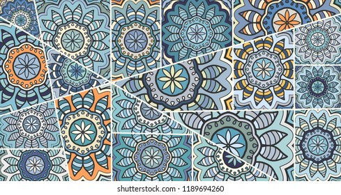 Vector patchwork quilt pattern. Vintage decorative collage. Hand drawn background. Indian, Arabic, Turkish motifs for printing on fabric or paper. Abstract colorful doodle pattern in mosaic style