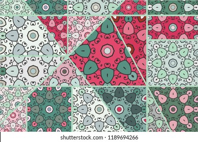 Vector patchwork quilt pattern. Vintage decorative collage. Hand drawn background. Indian, Arabic, Turkish motifs for printing on fabric or paper. Abstract colorful doodle pattern in mosaic style