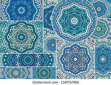 Vector patchwork quilt pattern. Vintage decorative collage. Hand drawn background. Indian, Arabic, Turkish motifs for printing on fabric or paper. Abstract colorful doodle pattern in mosaic style