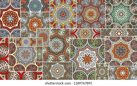 Vector patchwork quilt pattern. Vintage decorative collage. Hand drawn background. Indian, Arabic, Turkish motifs for printing on fabric or paper. Abstract colorful doodle pattern in mosaic style