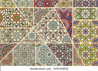 Vector patchwork quilt pattern. Vintage decorative collage. Hand drawn background. Indian, Arabic, Turkish motifs for printing on fabric or paper. Abstract colorful doodle pattern in mosaic style