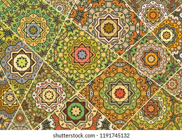 Vector patchwork quilt pattern. Vintage decorative collage. Hand drawn background. Indian, Arabic, Turkish motifs for printing on fabric or paper. Abstract colorful doodle pattern in mosaic style
