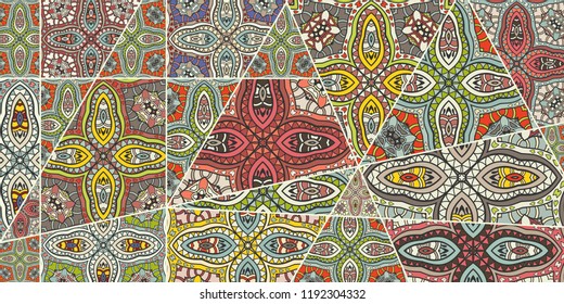 Vector patchwork quilt pattern. Vintage decorative collage. Hand drawn background. Indian, Arabic, Turkish motifs for printing on fabric or paper. Abstract colorful doodle pattern in mosaic style