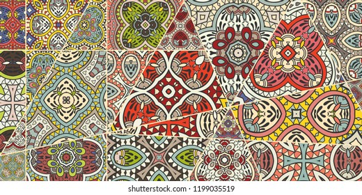 Vector patchwork quilt pattern. Vintage decorative collage. Hand drawn background. Indian, Arabic, Turkish motifs for printing on fabric or paper. Abstract colorful doodle pattern in mosaic style