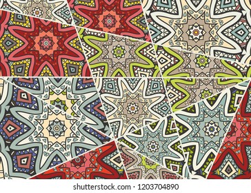 Vector patchwork quilt pattern. Vintage decorative collage. Hand drawn background. Indian, Arabic, Turkish motifs for printing on fabric or paper. Abstract colorful doodle pattern in mosaic style