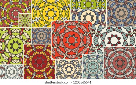 Vector patchwork quilt pattern. Vintage decorative collage. Hand drawn background. Indian, Arabic, Turkish motifs for printing on fabric or paper. Abstract colorful doodle pattern in mosaic style