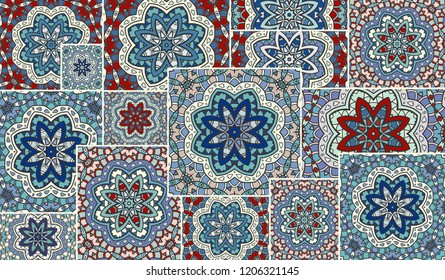 Vector patchwork quilt pattern. Vintage decorative collage. Hand drawn background. Indian, Arabic, Turkish motifs for printing on fabric or paper. Abstract colorful doodle pattern in mosaic style