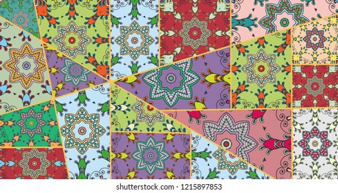Vector patchwork quilt pattern. Vintage decorative collage. Hand drawn background. Indian, Arabic, Turkish motifs for printing on fabric or paper. Abstract colorful doodle pattern in mosaic style