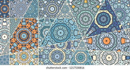 Vector patchwork quilt pattern. Vintage decorative collage. Hand drawn background. Indian, Arabic, Turkish motifs for printing on fabric or paper. Abstract colorful doodle pattern in mosaic style