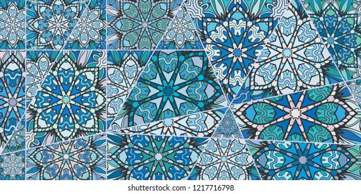 Vector patchwork quilt pattern. Vintage decorative collage. Hand drawn background. Indian, Arabic, Turkish motifs for printing on fabric or paper. Abstract colorful doodle pattern in mosaic style