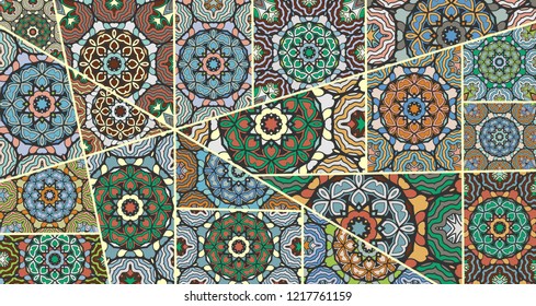 Vector patchwork quilt pattern. Vintage decorative collage. Hand drawn background. Indian, Arabic, Turkish motifs for printing on fabric or paper. Abstract colorful doodle pattern in mosaic style