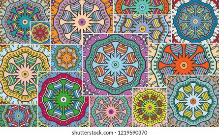 Vector patchwork quilt pattern. Vintage decorative collage. Hand drawn background. Indian, Arabic, Turkish motifs for printing on fabric or paper. Abstract colorful doodle pattern in mosaic style