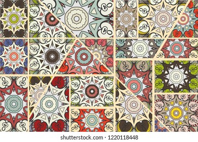 Vector patchwork quilt pattern. Vintage decorative collage. Hand drawn background. Indian, Arabic, Turkish motifs for printing on fabric or paper. Abstract colorful doodle pattern in mosaic style