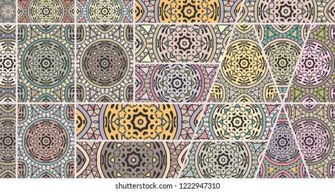 Vector patchwork quilt pattern. Vintage decorative collage. Hand drawn background. Indian, Arabic, Turkish motifs for printing on fabric or paper. Abstract colorful doodle pattern in mosaic style