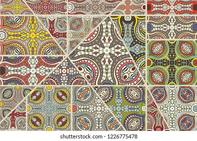 Vector patchwork quilt pattern. Vintage decorative collage. Hand drawn background. Indian, Arabic, Turkish motifs for printing on fabric or paper. Abstract colorful doodle pattern in mosaic style