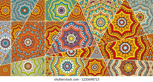 Vector patchwork quilt pattern. Vintage decorative collage. Hand drawn background. Indian, Arabic, Turkish motifs for printing on fabric or paper. Abstract colorful doodle pattern in mosaic style