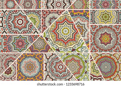 Vector patchwork quilt pattern. Vintage decorative collage. Hand drawn background. Indian, Arabic, Turkish motifs for printing on fabric or paper. Abstract colorful doodle pattern in mosaic style
