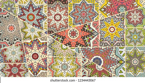 Vector patchwork quilt pattern. Vintage decorative collage. Hand drawn background. Indian, Arabic, Turkish motifs for printing on fabric or paper. Abstract colorful doodle pattern in mosaic style