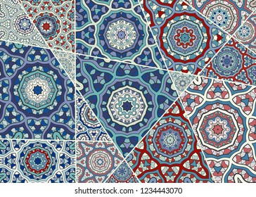 Vector patchwork quilt pattern. Vintage decorative collage. Hand drawn background. Indian, Arabic, Turkish motifs for printing on fabric or paper. Abstract colorful doodle pattern in mosaic style