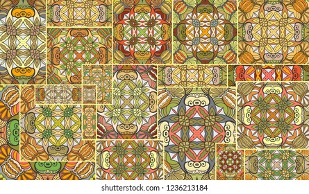 Vector patchwork quilt pattern. Vintage decorative collage. Hand drawn background. Indian, Arabic, Turkish motifs for printing on fabric or paper. Abstract colorful doodle pattern in mosaic style