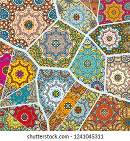 Vector patchwork quilt pattern. Vintage decorative collage. Hand drawn background. Indian, Arabic, Turkish motifs for printing on fabric or paper. Abstract colorful doodle pattern in mosaic style