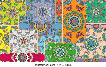 Vector patchwork quilt pattern. Vintage decorative collage. Hand drawn background. Indian, Arabic, Turkish motifs for printing on fabric or paper. Abstract colorful doodle pattern in mosaic style