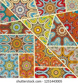Vector patchwork quilt pattern. Vintage decorative collage. Hand drawn background. Indian, Arabic, Turkish motifs for printing on fabric or paper. Abstract colorful doodle pattern in mosaic style