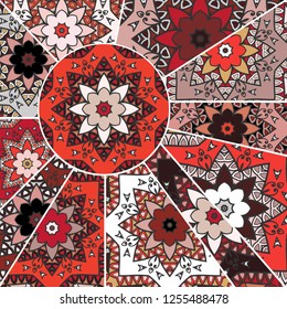 Vector patchwork quilt pattern. Vintage decorative collage. Hand drawn background. Indian, Arabic, Turkish motifs for printing on fabric or paper. Abstract colorful doodle pattern in mosaic style