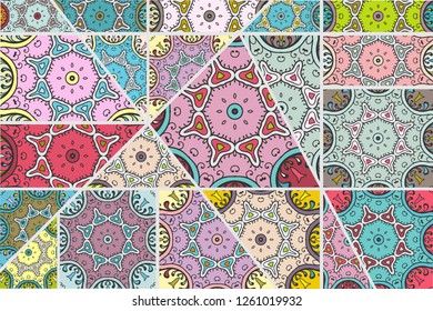 Vector patchwork quilt pattern. Vintage decorative collage. Hand drawn background. Indian, Arabic, Turkish motifs for printing on fabric or paper. Abstract colorful doodle pattern in mosaic style