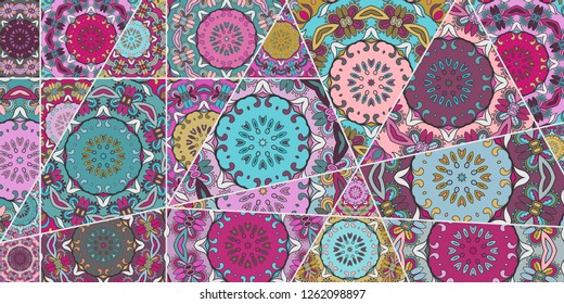 Vector patchwork quilt pattern. Vintage decorative collage. Hand drawn background. Indian, Arabic, Turkish motifs for printing on fabric or paper. Abstract colorful doodle pattern in mosaic style