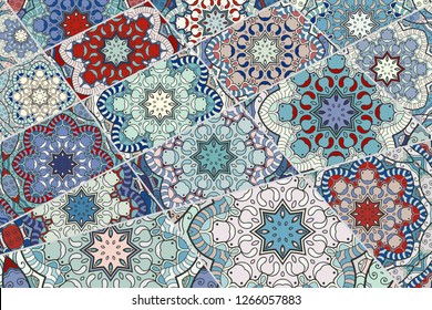 Vector patchwork quilt pattern. Vintage decorative collage. Hand drawn background. Indian, Arabic, Turkish motifs for printing on fabric or paper. Abstract colorful doodle pattern in mosaic style