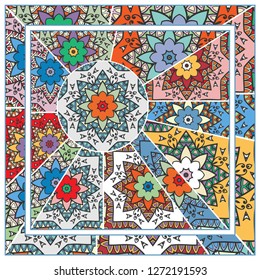 Vector patchwork quilt pattern. Vintage decorative collage. Hand drawn background. Indian, Arabic, Turkish motifs for printing on fabric or paper. Abstract colorful doodle pattern in mosaic style