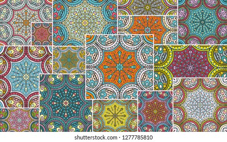 Vector patchwork quilt pattern. Vintage decorative collage. Hand drawn background. Indian, Arabic, Turkish motifs for printing on fabric or paper. Abstract colorful doodle pattern in mosaic style