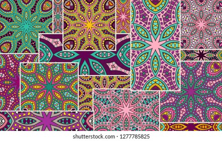 Vector patchwork quilt pattern. Vintage decorative collage. Hand drawn background. Indian, Arabic, Turkish motifs for printing on fabric or paper. Abstract colorful doodle pattern in mosaic style