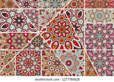 Vector patchwork quilt pattern. Vintage decorative collage. Hand drawn background. Indian, Arabic, Turkish motifs for printing on fabric or paper. Abstract colorful doodle pattern in mosaic style