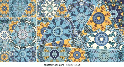 Vector patchwork quilt pattern. Vintage decorative collage. Hand drawn background. Indian, Arabic, Turkish motifs for printing on fabric or paper. Abstract colorful doodle pattern in mosaic style