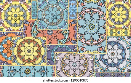 Vector patchwork quilt pattern. Vintage decorative collage. Hand drawn background. Indian, Arabic, Turkish motifs for printing on fabric or paper. Abstract colorful doodle pattern in mosaic style