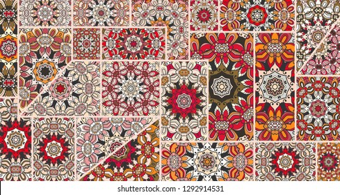 Vector patchwork quilt pattern. Vintage decorative collage. Hand drawn background. Indian, Arabic, Turkish motifs for printing on fabric or paper. Abstract colorful doodle pattern in mosaic style