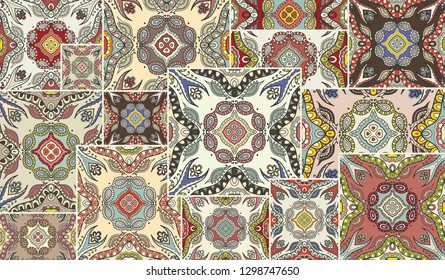 Vector patchwork quilt pattern. Vintage decorative collage. Hand drawn background. Indian, Arabic, Turkish motifs for printing on fabric or paper. Abstract colorful doodle pattern in mosaic style