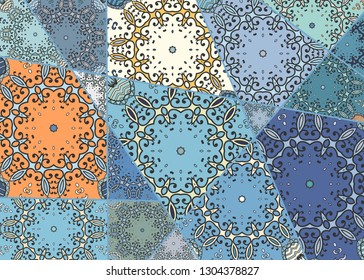 Vector patchwork quilt pattern. Vintage decorative collage. Hand drawn background. Indian, Arabic, Turkish motifs for printing on fabric or paper. Abstract colorful doodle pattern in mosaic style