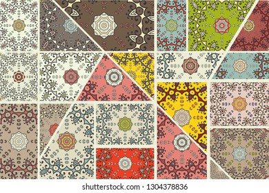 Vector patchwork quilt pattern. Vintage decorative collage. Hand drawn background. Indian, Arabic, Turkish motifs for printing on fabric or paper. Abstract colorful doodle pattern in mosaic style