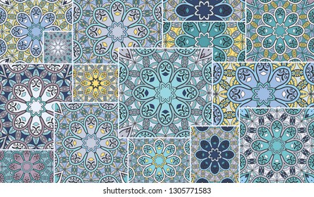Vector patchwork quilt pattern. Vintage decorative collage. Hand drawn background. Indian, Arabic, Turkish motifs for printing on fabric or paper. Abstract colorful doodle pattern in mosaic style