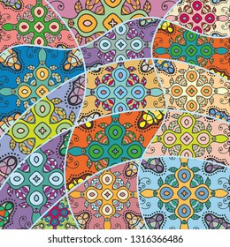 Vector patchwork quilt pattern. Vintage decorative collage. Hand drawn background. Indian, Arabic, Turkish motifs for printing on fabric or paper. Abstract colorful doodle pattern in mosaic style
